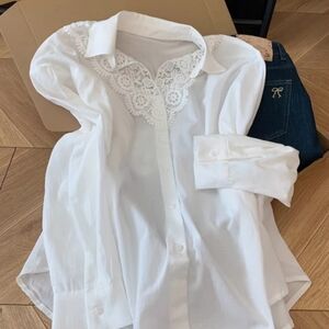 White Lace Yoke Button Down Shirt